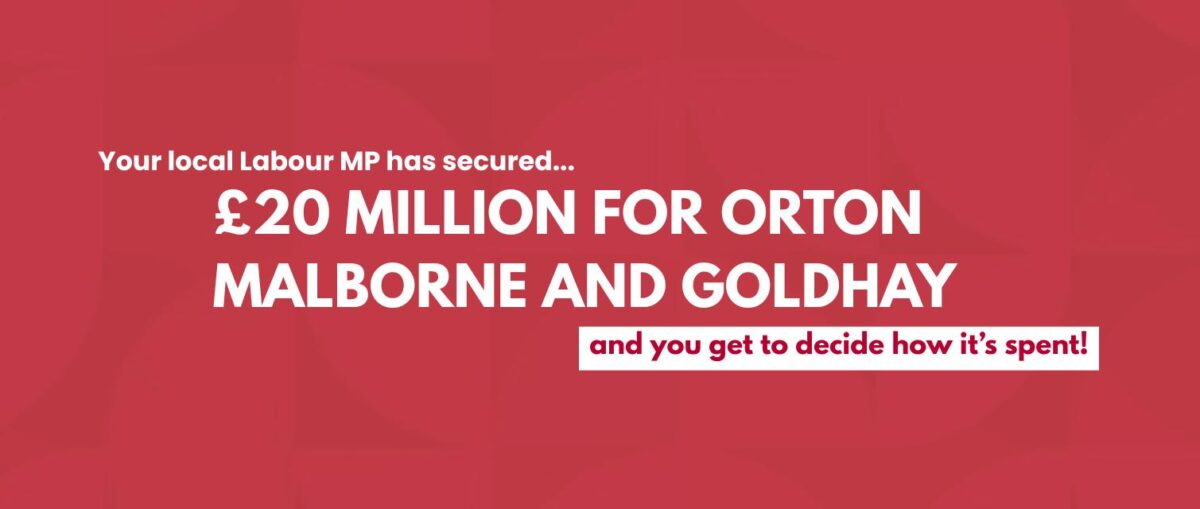 A graphic stating "Your Local Labour MP has secured £20 million for Orton Malborne and Goldhay and you get to decide how it